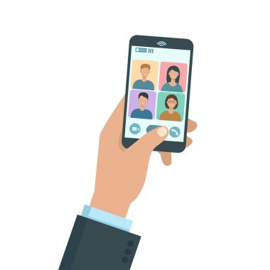 Video konferans uygulaması telefon görüşmesi yapan dört kişiyle el ele tutuşmak. Ekrandaki insanlarla görüntülü konuşma yapan bir adam. İş konferansı konsepti. Vektör düz resimleme.