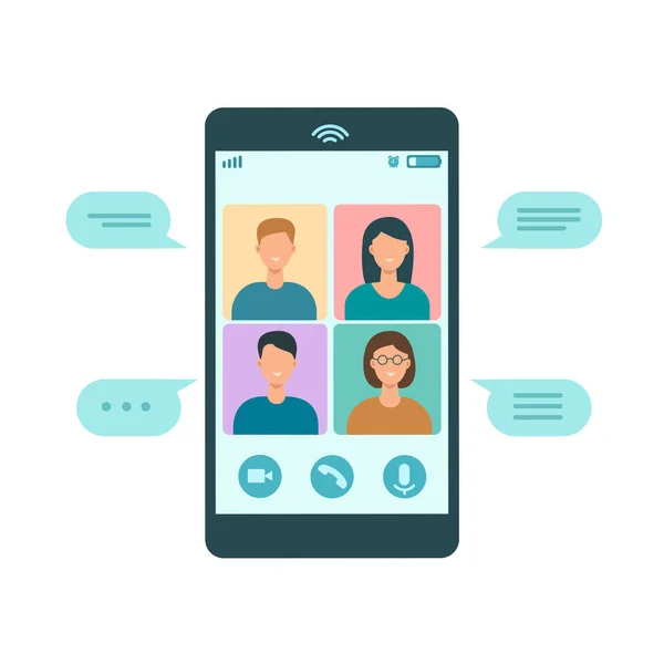 Groupe Personnes Parlant Ensemble Sur Application Vidéoconférence Appel Téléphonique Chat — Image vectorielle
