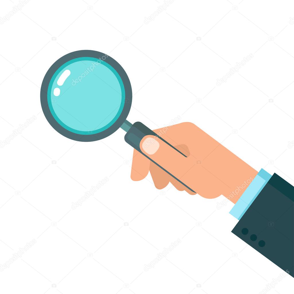 Human hand holding magnifying glass isolated on white background. Analysis, exploration, zoom, scrutiny, audit, repair and maintenance, business concepts. Vector flat illustration. 