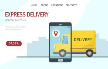 Araba veya kamyonla ekspres teslimat. Vektör düz çizim, tasarım çevrimiçi ekspres dağıtım hizmeti konsepti. Web sitesi için şablon, iniş sayfası