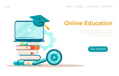 İniş sayfası şablonu online eğitim. Mezuniyet, e-öğrenim araştırması, üniversite araştırması, okul konseptine dönüş. Vektör çizimi. Web sitesi için modern düz tasarım konsepti. 