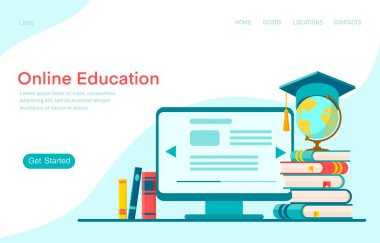 İniş sayfası şablonu online eğitim. Mezuniyet, e-öğrenim araştırması, üniversite araştırması, okul konseptine dönüş. Vektör çizimi. Web sitesi için modern düz tasarım konsepti. 