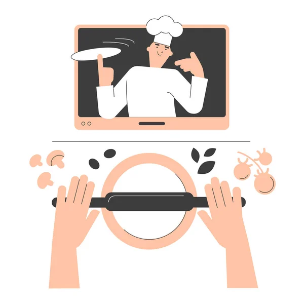 Man Chef Teaches Cooking Pizza Woman Watches Video Recipe Laptop — Stock Vector