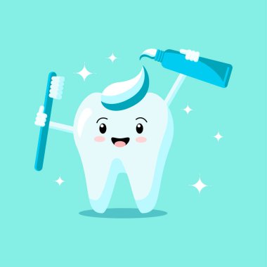 Diş fırçası, diş macunu tebessümleri ve yeşil arka planda parlayan sevimli çizgi film dişleri. Vektör düz çizim. Diş konsepti. Pankart, kart, reklam, tanıtım kliniği için tasarım