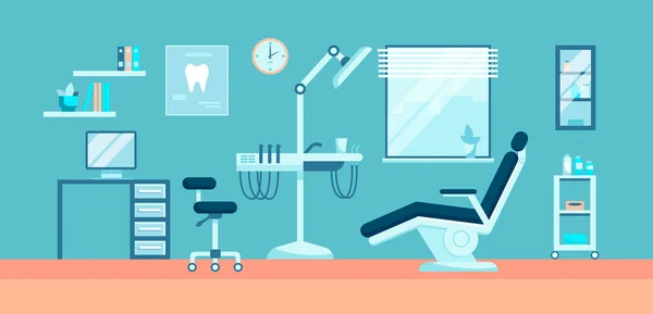 歯科用椅子 ランプ 掘削機のベクトルイラストと歯科室のインテリア 歯の治療のための近代的な医療機器とクリニック 歯医者の概念 バナー ポスターのデザイン — ストックベクタ