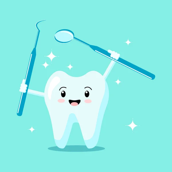 Nette Gesunde Glänzende Cartoon Zahnfigur Mit Instrumenten Die Zähne Untersuchen — Stockvektor