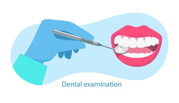 Cita Del Examen Dental Dentista Sostiene Espejo Dental Mano Examina — Archivo Imágenes Vectoriales