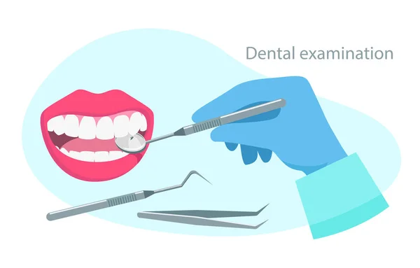 Cita Del Examen Dental Concepto Estomatológico Salud Dental Dentista Sostiene — Archivo Imágenes Vectoriales