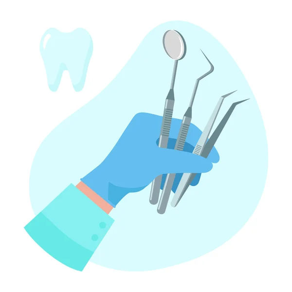 Dentist Hold Instruments Hand Examining Patient Tooth Isolated Blue Background — Stock Vector