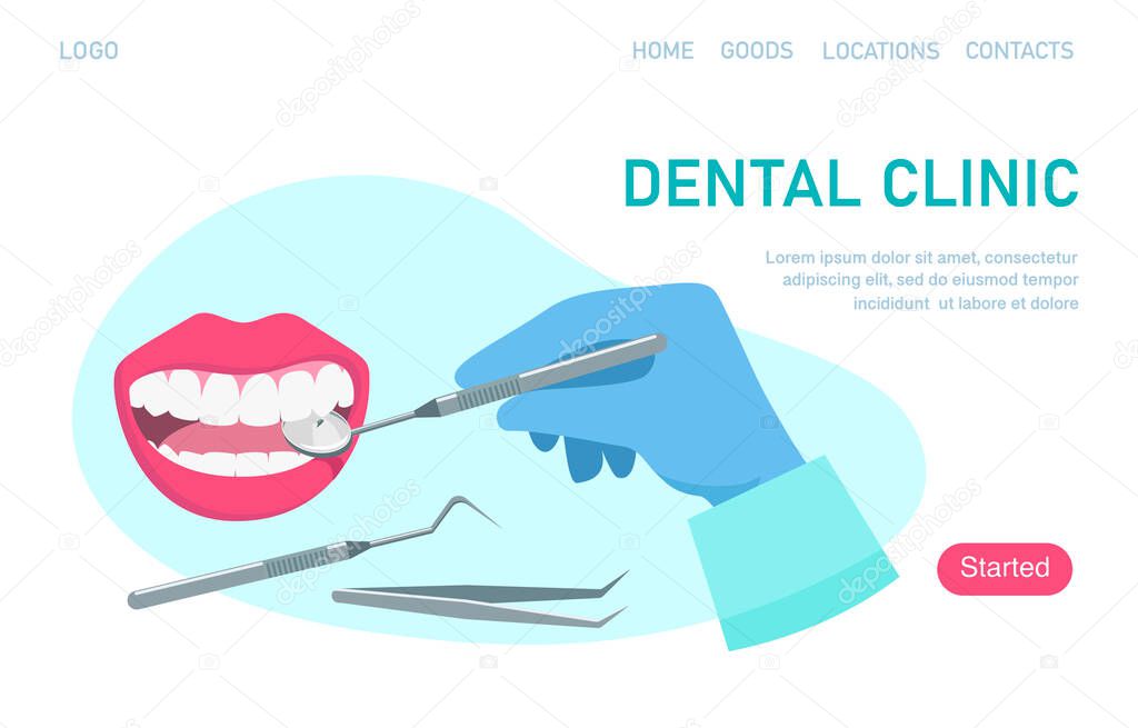 Landing page template dental clinic. Dentist hold dental mirror in hand and examining patient's tooth.  Dental healthcare. Stomatology concept. Vector illustration flat design.
