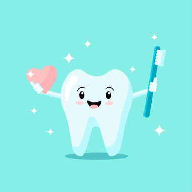 Diş fırçası, kalp gülüşü ve yeşil arka planda parlayan sevimli çizgi film dişleri. Vektör düz çizim. Diş konsepti. Pankart, kart, reklam, tanıtım kliniği için tasarım