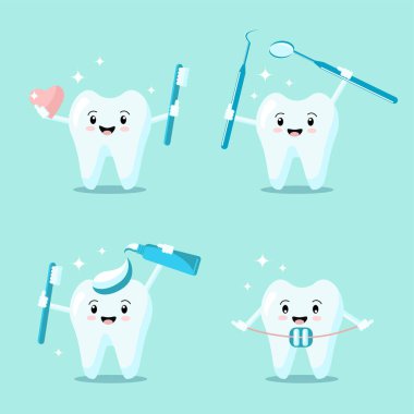 Diş fırçası, enstrüman, diş macunu, diş teli, gülen kalp ve parlayan bir dizi güzel çizgi film dişleri. Vektör düz çizim. Diş konsepti. Pankart, kart, reklam, tanıtım kliniği için tasarım