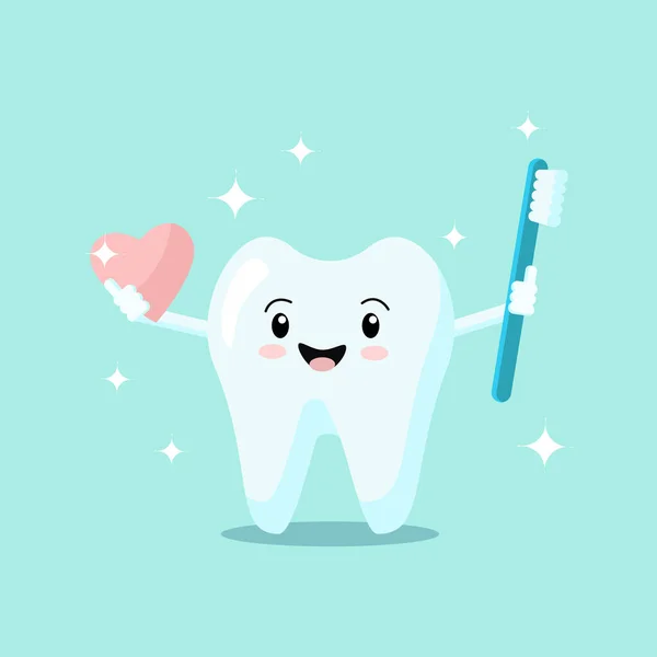 Netter Cartoon Zahn Mit Zahnbürste Und Herz Lächelt Und Leuchtet — Stockvektor