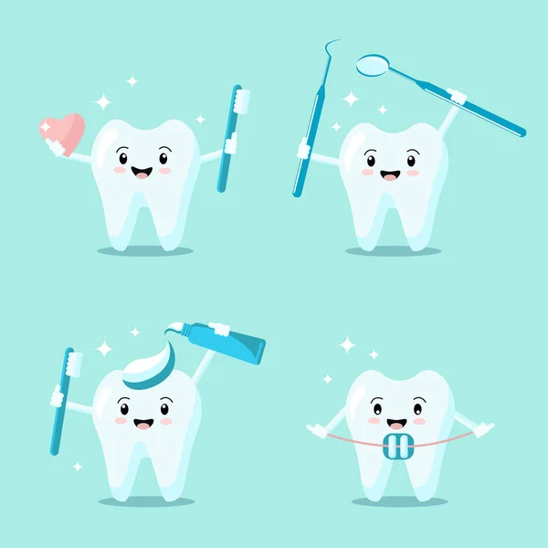 Set Cute Cartoon Teeth Toothbrush Instrument Toothpaste Brace Heart Smiling — Stock Vector