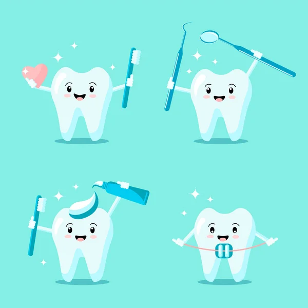 Zestaw Uroczych Zębów Kreskówki Szczoteczką Zębów Instrument Pasta Zębów Aparat — Wektor stockowy