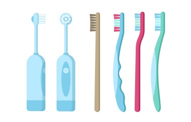 Renkli plastik, bambu, beyaz arka planda izole edilmiş elektrikli diş fırçası ikonu. Web tasarımı için vektör düz illüstrasyon.