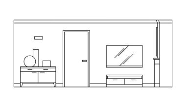Oturma odasının el çizimi çizimi. Modern tasarım taslağı. Robot resim tarzında vektör illüstrasyonu. Renklendirme sayfası, kart, afiş, el ilanı, şablon, iniş sayfası için tasarım
