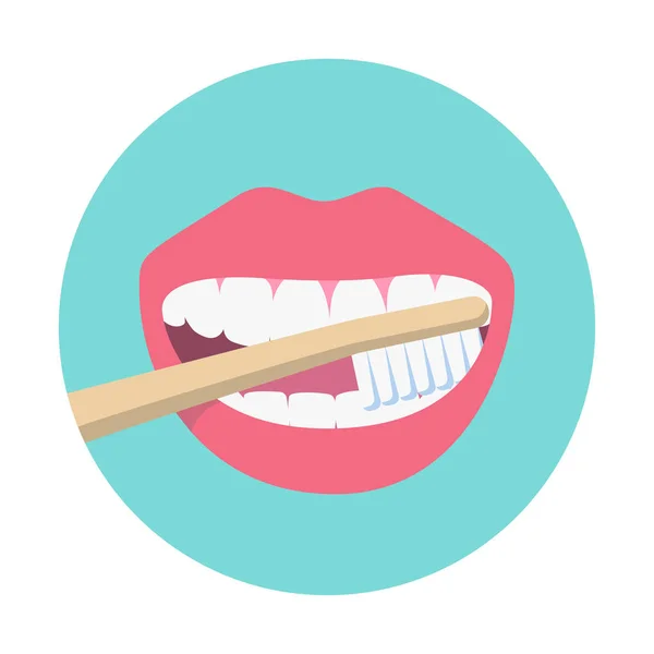 Open Mouth Bamboo Toothbrush Isolated Green Background Teeth Cleaning Oral — Stock Vector