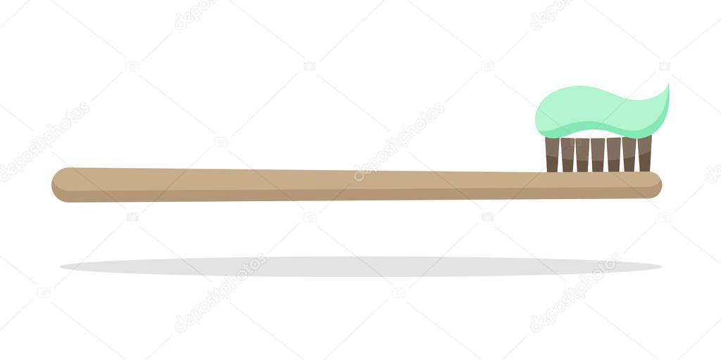 Eco-friendly bamboo toothbrushes with toothpaste isolated on white background. Natural organic bathroom beauty product. Zero waste and eco living, plastic free concept. Vector flat illustration.