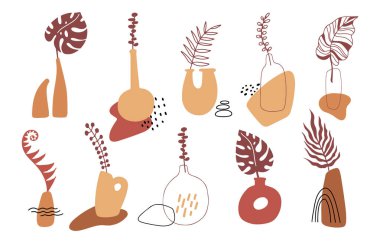 Pastel renklerde bir dizi soyut natürmort yaşam. El yapımı vazo, yapraklar, şekiller. Çağdaş sanat koleksiyonu. Soyut geometrik elementler, yazdırma şekilleri, sosyal medya, posterler, kartpostallar, el ilanları. 