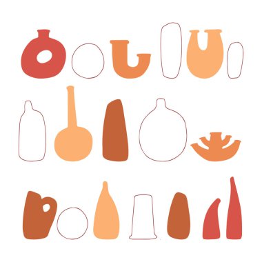 Pastel terakotta doğal renklerinde soyut vazolar. El yapımı vazolar. Çağdaş sanat koleksiyonu. Soyut geometrik elementler, yazdırma şekilleri, sosyal medya, posterler, kartpostallar, el ilanları