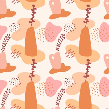 Kusursuz desen, soyut el çizimi terracotta vazoları pastel renklerde ve bej arka planda dallar. Tekstil, ambalaj, arkaplan için soyut geometrik tasarım. 