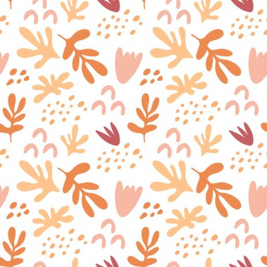 Yaprak dalları, şekilleri ve beyaz arka planda izole edilmiş çiçekleri olan kusursuz bir desen. Siluet vektör çizimi. Tekstil, ambalaj, arkaplan, pankart için tasarım 