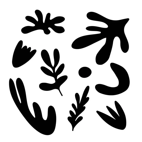 Σετ Μαύρα Κλαδιά Σιλουέτας Από Φύλλα Σχήματα Λουλούδια Που Απομονώνονται — Διανυσματικό Αρχείο