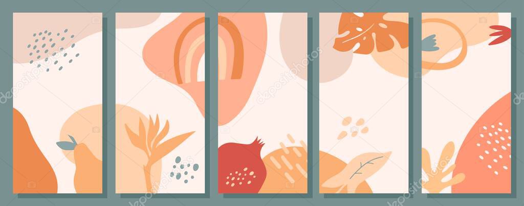 Set of abstract social media templates with shapes, leaves, dots, flowers, fruits. Creative stories pack in pastel color. Vector flat illustration. Modern design of phone backgrounds.