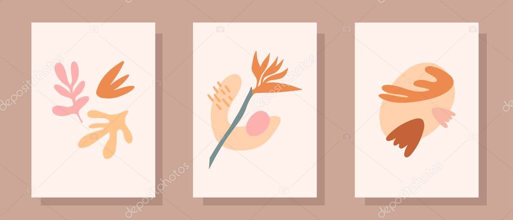 Set of abstract hand painted illustrations in pastel colors. Hand drawn vases , leaves. Collection of contemporary art posters. Abstract geometrical elements, shapes for print, social media, posters