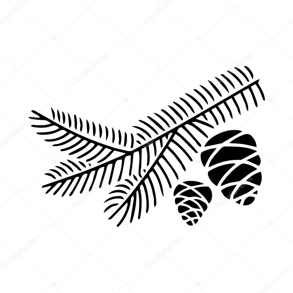 Hand drawn doodle of fir tree branch with cones isolated on white background. Conifer sketch. Vector illustration. Design for print, banner, greeting card, logo