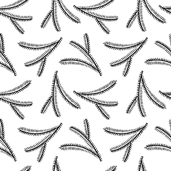 Hand Drawn Seamless Pattern Doodle Fir Tree Branch Isolated White — Stock Vector