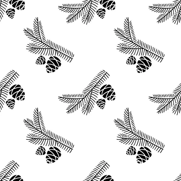 Hand Drawn Seamless Pattern Doodle Fir Tree Branch Cones Isolated Stock Vector