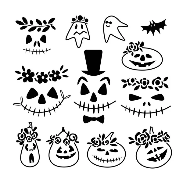 Uppsättning Skrämmande Och Roliga Ansikten Halloween Pumpor Spöken Isolerade Vit — Stock vektor