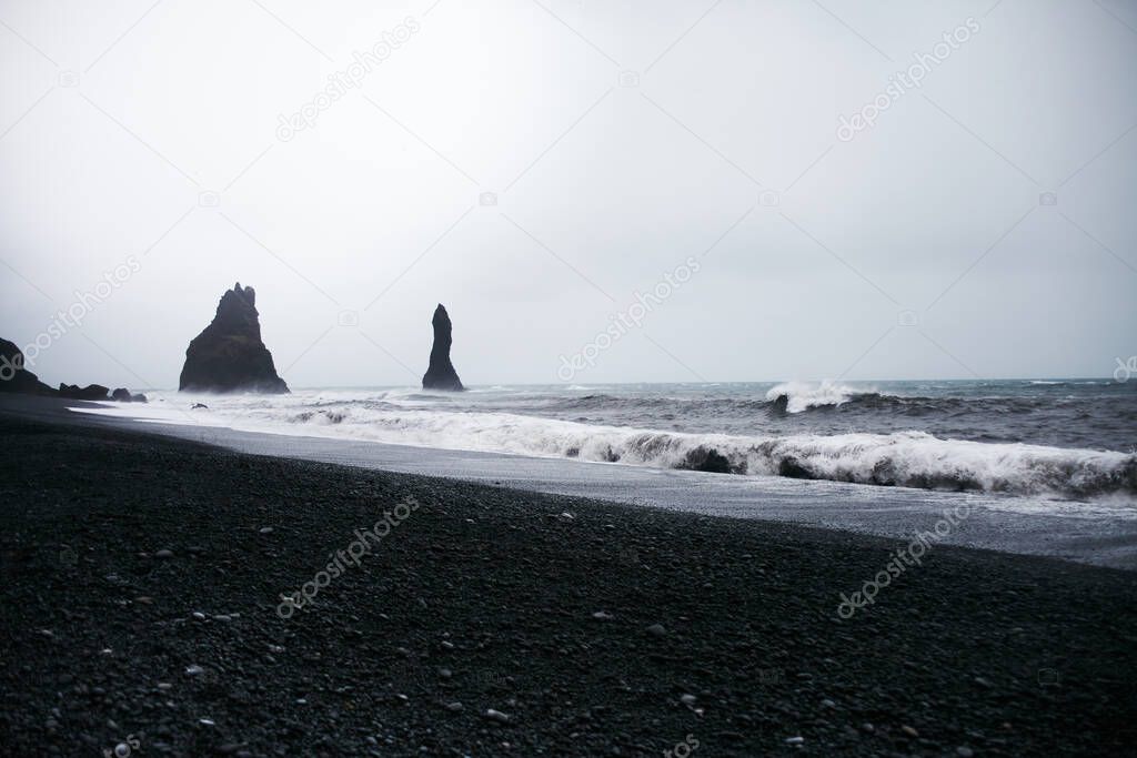Sea Stacks and Basalt Clifs to the East of Reynisfjara Black Sand Beach, Vik in Southern Iceland.