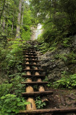 S içinde ahşap merdivenler ile bir şelale yoluyla tehlikeli iz