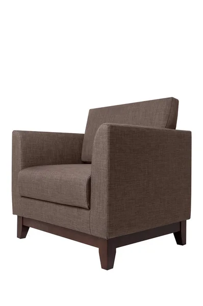 白い背景に隔離された現代茶色の生地の肘掛け椅子。厳格なスタイルの家具 — ストック写真