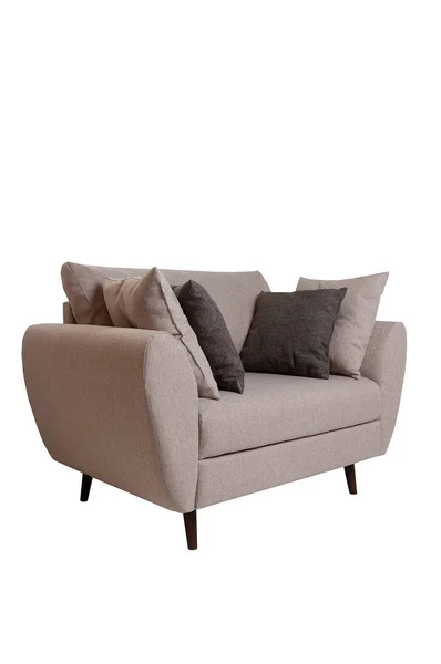 Modernes kleines graues Stoffsofa mit Kissen auf weißem Hintergrund. Strenge Möbel — Stockfoto