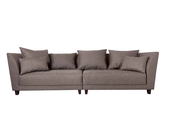 Canapé moderne en tissu gris avec oreillers isolés sur fond blanc. Mobilier de style strict — Photo