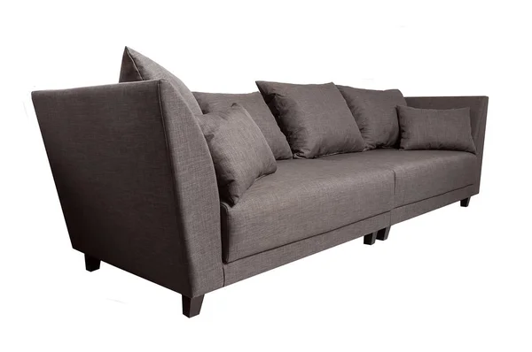 Modern grå Tyg soffa med kuddar isolerade på vit bakgrund. Strikt stil möbler — Stockfoto