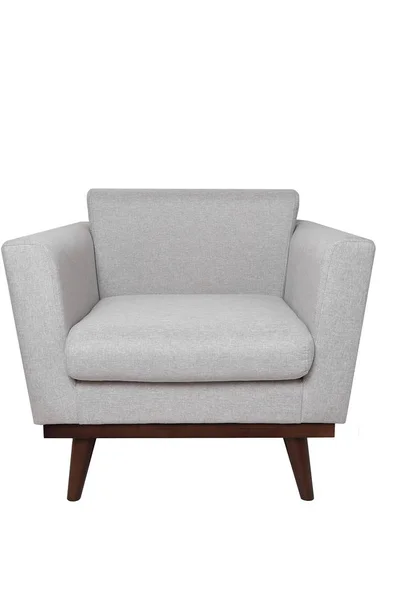 Fauteuil moderne en tissu gris vif avec pieds en bois isolés sur fond blanc. Mobilier de style strict — Photo