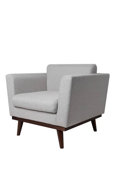 Beyaz arka plan üzerinde izole ahşap bacaklar ile Modern parlak gri kumaş koltuk. Sıkı stil mobilyalar