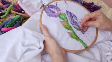 Vitiligo iğneli kadın elleri. Nakışlı halka, renkli desenli nakışlı kumaş. Üst Manzara, kapat. Geleneksel hobi, yaşam tarzı. İğne işi, el işi.