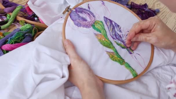 針でビティリゴ縫製を施した女性の手 刺繍フープ カラフルなパターンの刺繍生地 上の景色を閉じて伝統的な趣味 ライフスタイル 針仕事 — ストック動画