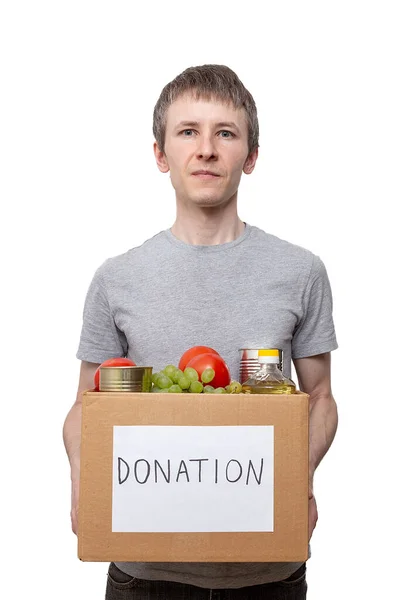 Young Caucasian Man Volunteer Holding Grocery Food Carton Donation Box — Stock Photo, Image