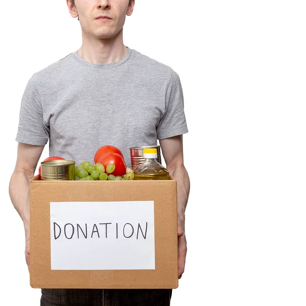 Young Caucasian Man Volunteer Holding Grocery Food Carton Donation Box — Stock Photo, Image