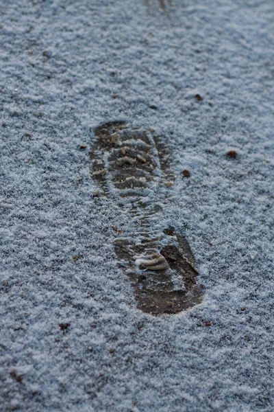 Menschlicher Fußabdruck Weißen Neuschnee Des Winters Ansicht Von Oben Einfache — Stockfoto