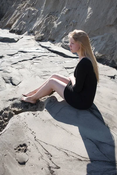 Portrait Thoughtful Young Pretty Caucasian Girl Black Dress Long Blonde — Stock Photo, Image