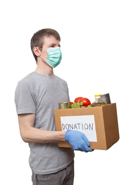 Volunteer Medicine Mask Protective Gloves Holding Grocery Food Carton Donation — Stock Photo, Image
