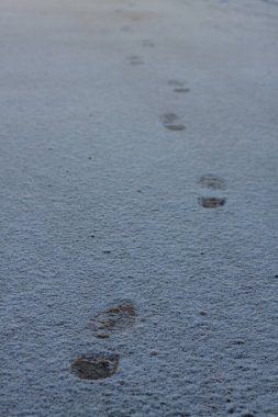 Buzlu zemindeki ayakkabı izleri. İnsan ayağı izleri, beyaz karlı yolda ayak izleri. Asfalta taze kar yağdı. Giden bir adamın bıraktığı izler, ayrılan kişinin yörüngesi. birkaç adım